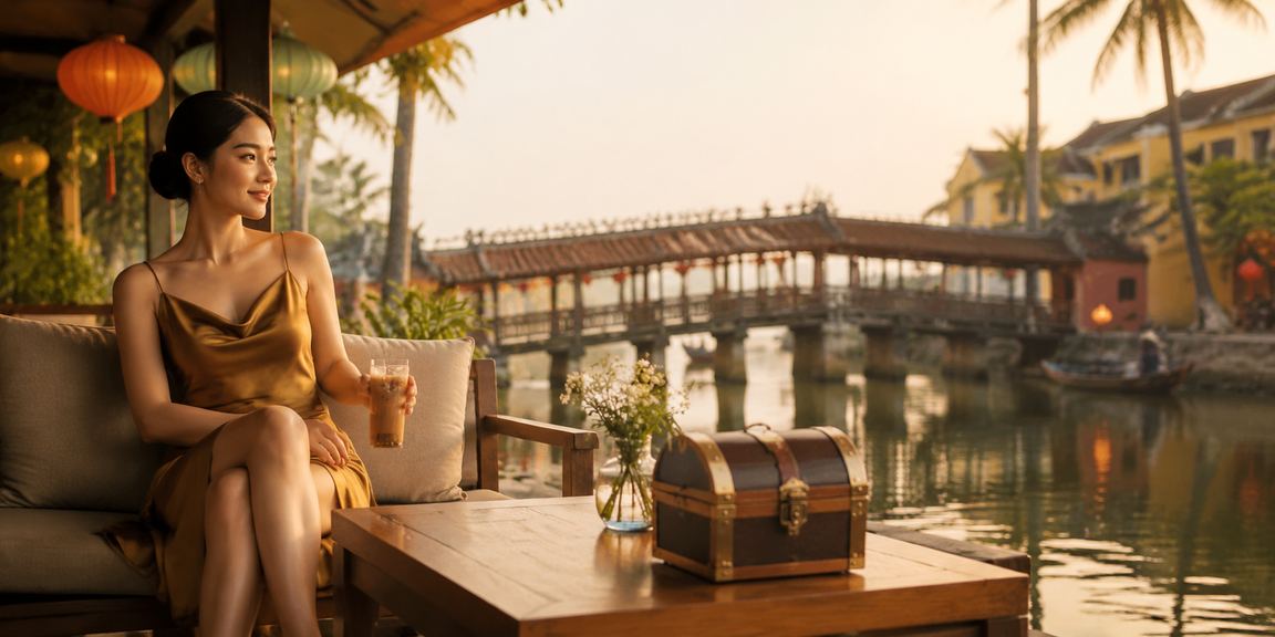 Người dùng Hội An kiểm tra ưu đãi casino và khuyến mãi p6000 qua điện thoại trong quán cà phê